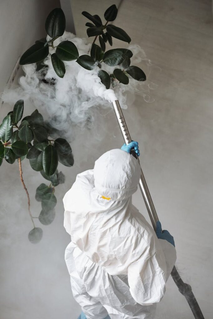 pexels-photo-4176550 A person in protective gear uses a sprayer for indoor disinfection.